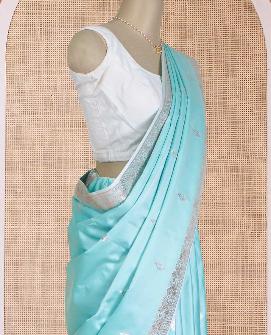 Turquoise zari buttas Banaras Satin silk saree, traditional zari border, and Mughal-style woven pallu