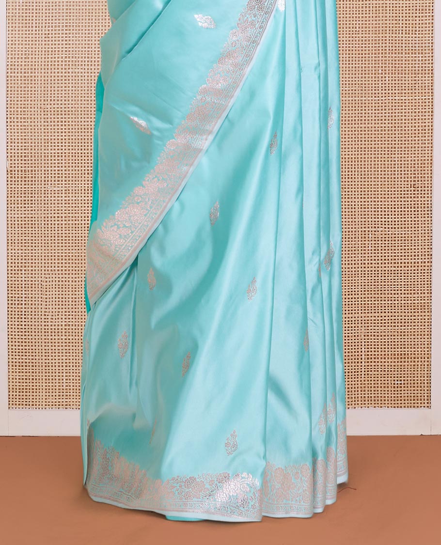 Turquoise zari buttas Banaras Satin silk saree, traditional zari border, and Mughal-style woven pallu