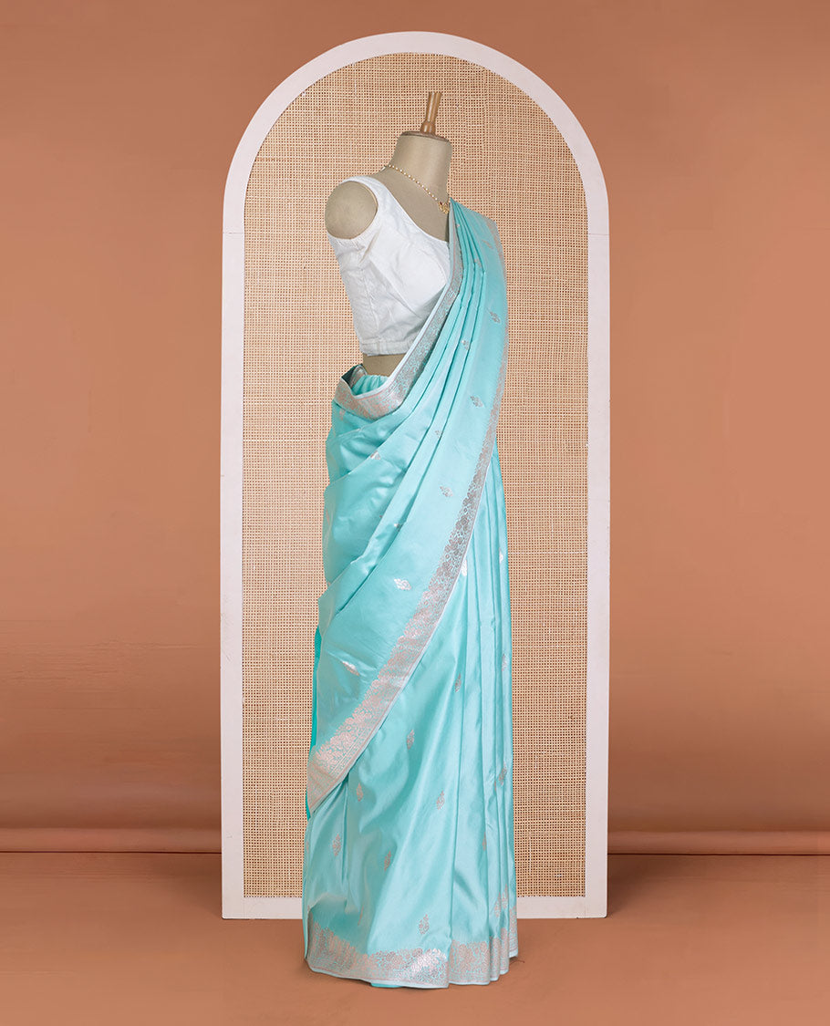 Turquoise zari buttas Banaras Satin silk saree, traditional zari border, and Mughal-style woven pallu