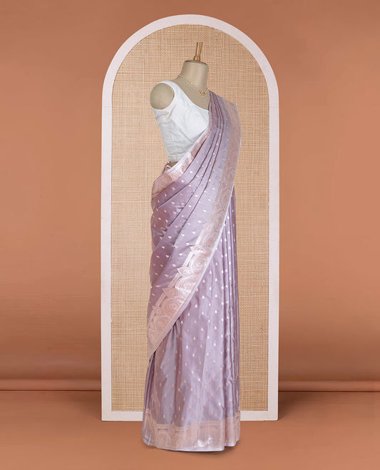 Thistle purple zari buttas Banaras Satin silk saree, Mughal-style intricate designs zari woven border, and zari-rich pallu