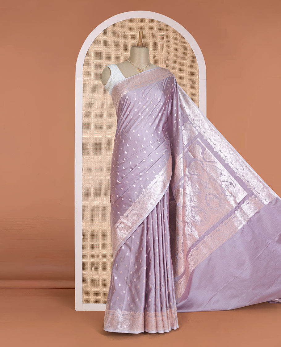 Thistle purple zari buttas Banaras Satin silk saree, Mughal-style intricate designs zari woven border, and zari-rich pallu