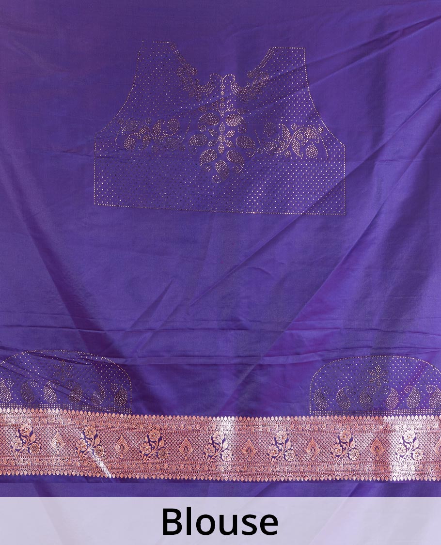Violet diagonal floral stripes with stone work Banaras Nylon silk saree, traditional zari design border, and intricate pallu