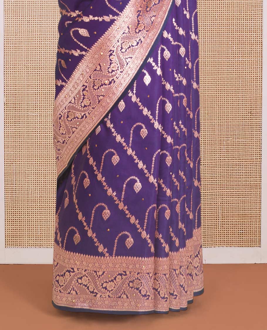 Violet diagonal floral stripes with stone work Banaras Nylon silk saree, traditional zari design border, and intricate pallu