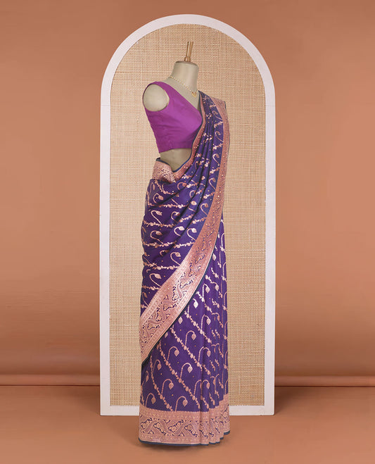 Violet diagonal floral stripes with stone work Banaras Nylon silk saree, traditional zari design border, and intricate pallu