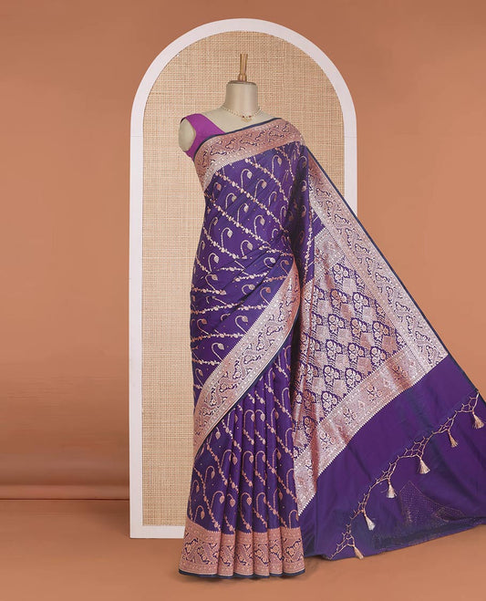 Violet diagonal floral stripes with stone work Banaras Nylon silk saree, traditional zari design border, and intricate pallu