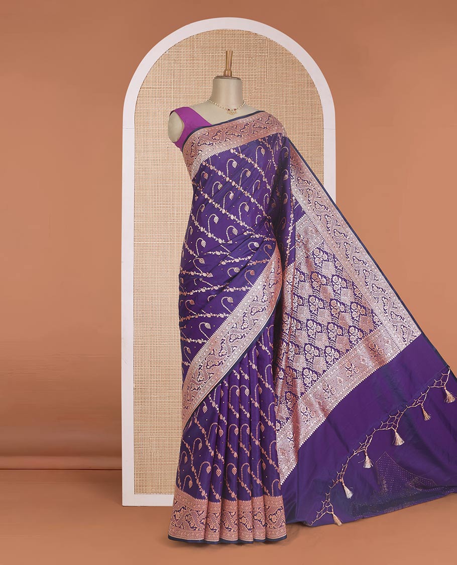 Violet diagonal floral stripes with stone work Banaras Nylon silk saree, traditional zari design border, and intricate pallu