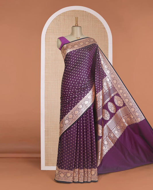 Purple flower zari buttas Banaras Satin  silk saree, floral creeper zari border, and tree motifs pallu