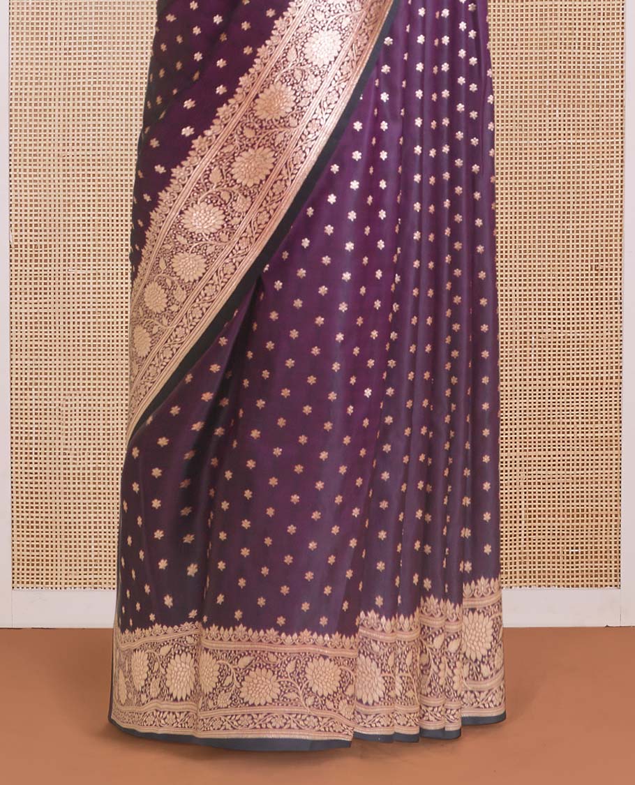 Purple flower zari buttas Banaras Satin  silk saree, floral creeper zari border, and tree motifs pallu