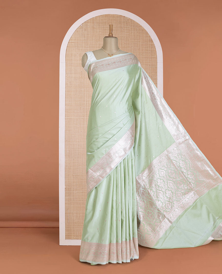 Pista green zari buttas Banaras Satin silk saree, traditional zari border, and intricate pallu