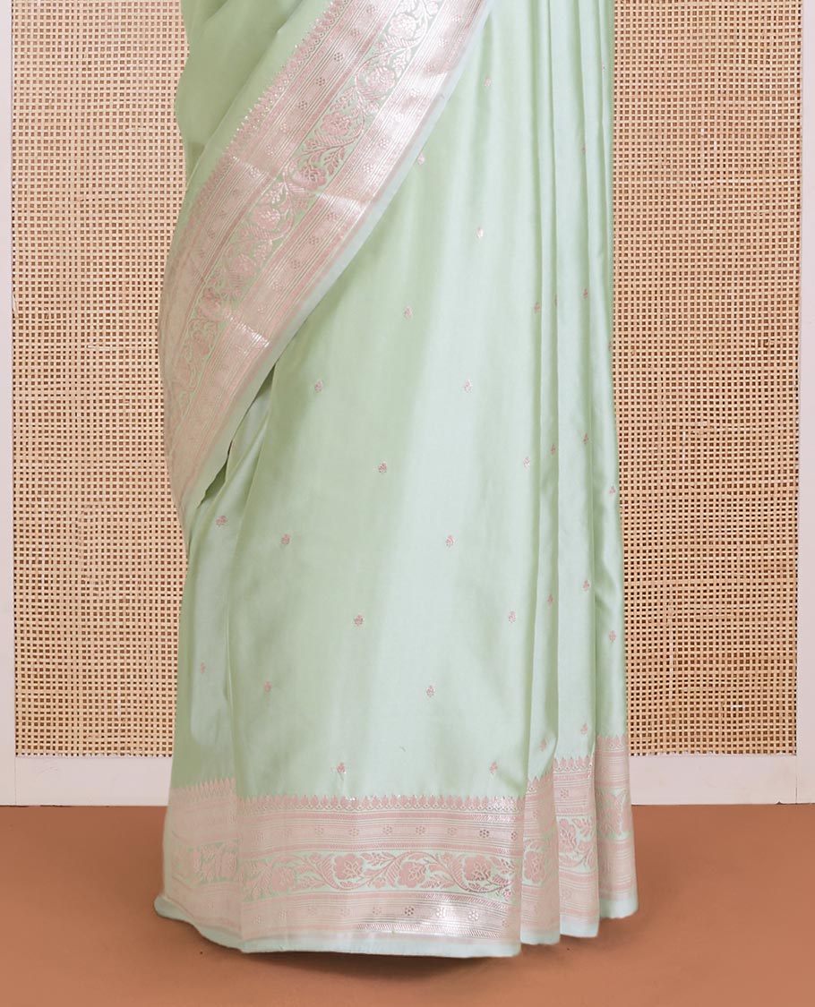 Pista green zari buttas Banaras Satin silk saree, traditional zari border, and intricate pallu