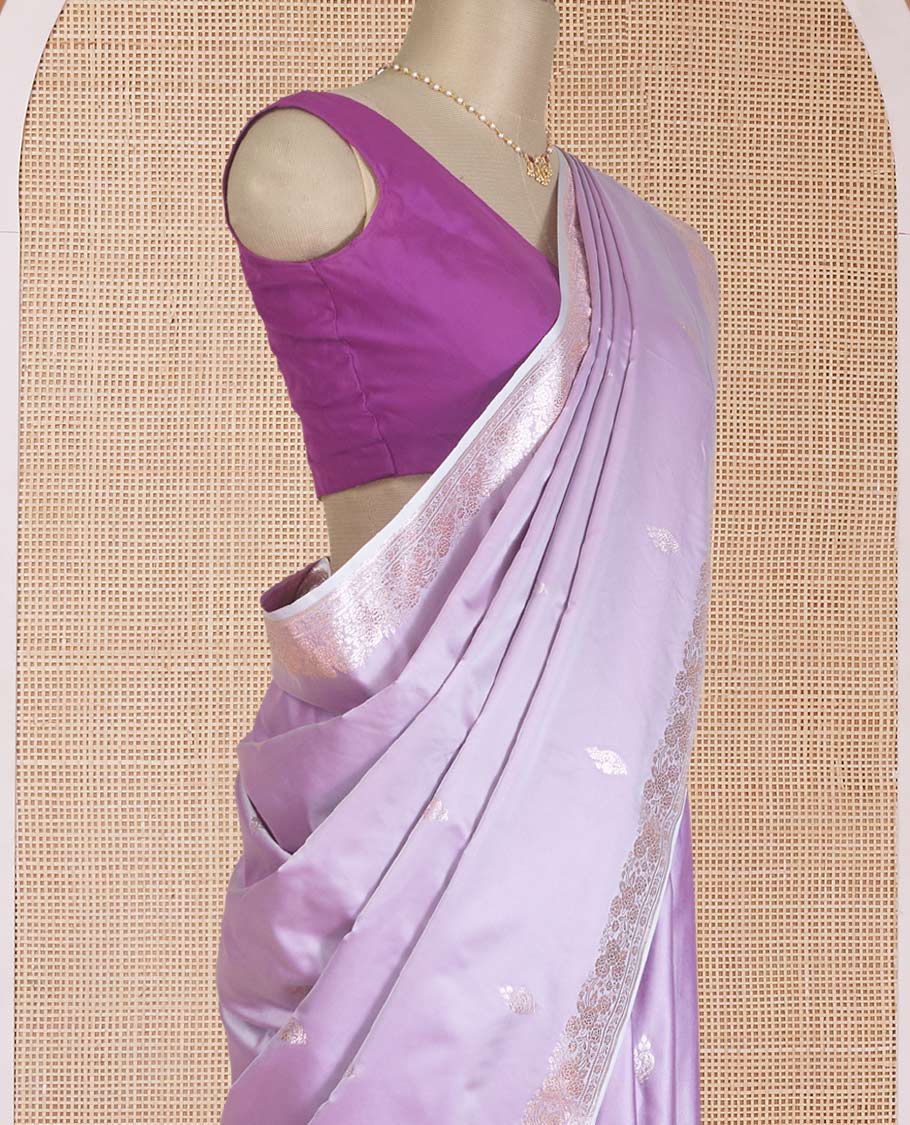 Pastel lavender zari buttas Banaras Satin silk saree, zari border, and intricate pallu