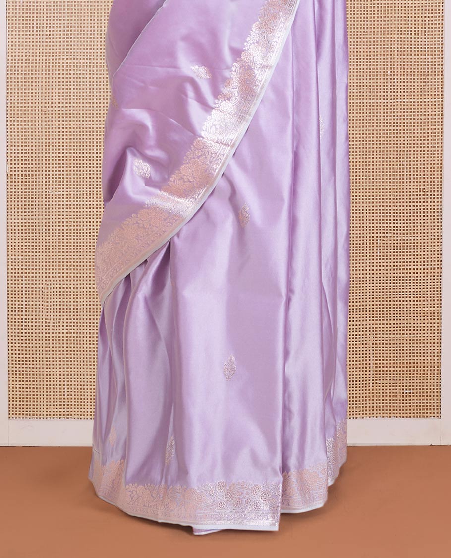 Pastel lavender zari buttas Banaras Satin silk saree, zari border, and intricate pallu
