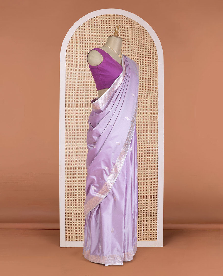 Pastel lavender zari buttas Banaras Satin silk saree, zari border, and intricate pallu