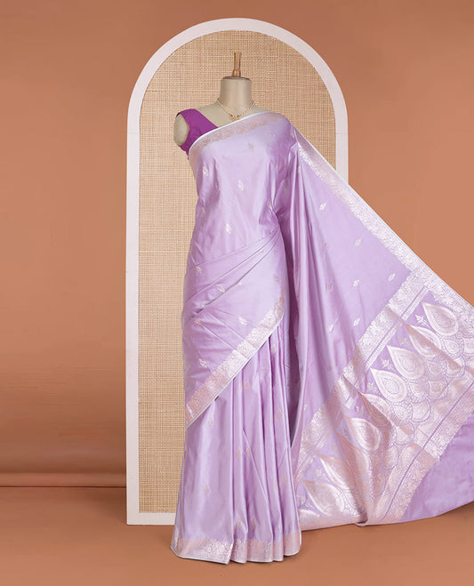 Pastel lavender zari buttas Banaras Satin silk saree, zari border, and intricate pallu