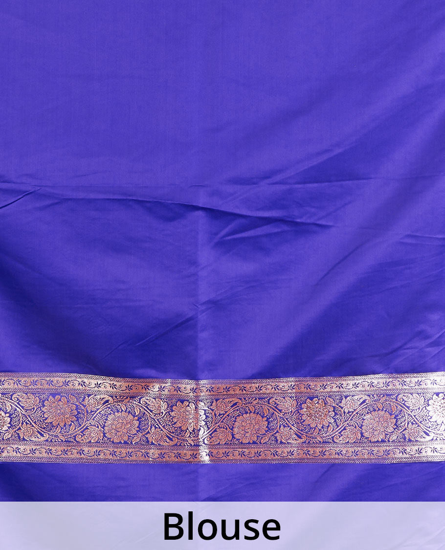 Royal blue zari buttas Banaras Satin silk saree, traditional zari border, and intricate pallu