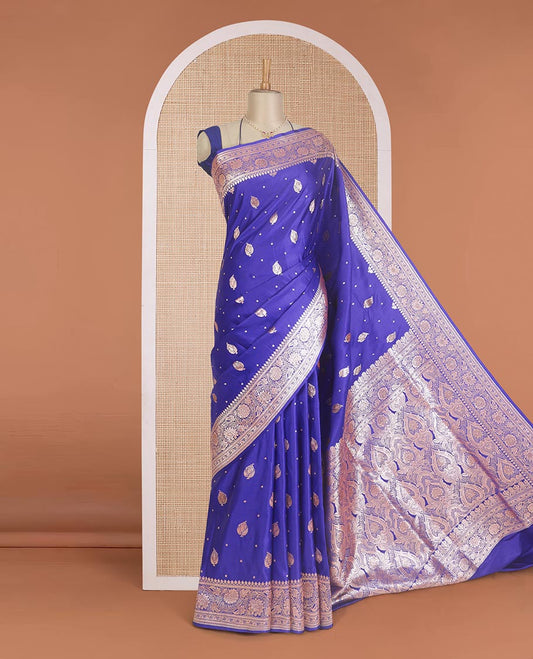 Royal blue zari buttas Banaras Satin silk saree, traditional zari border, and intricate pallu