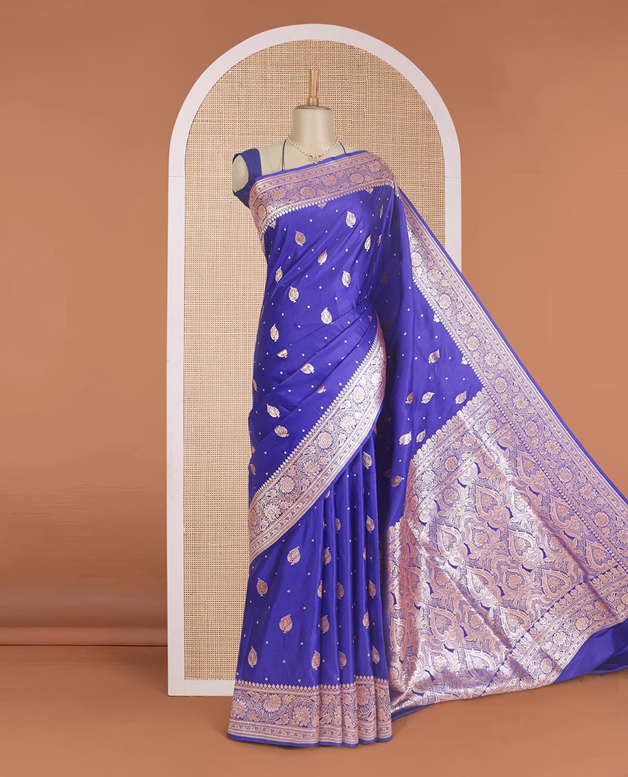 Royal blue zari buttas Banaras Satin silk saree, traditional zari border, and intricate pallu