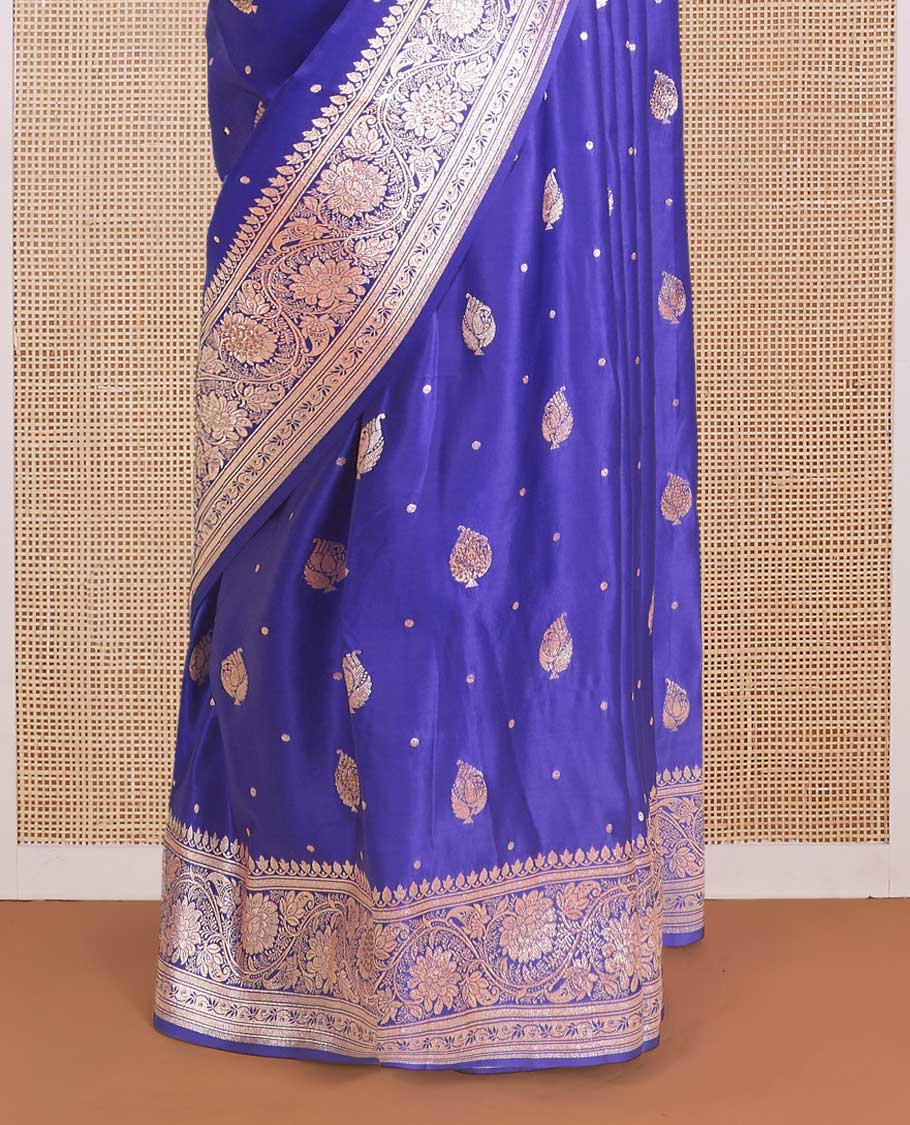 Royal blue zari buttas Banaras Satin silk saree, traditional zari border, and intricate pallu