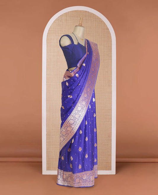 Royal blue zari buttas Banaras Satin silk saree, traditional zari border, and intricate pallu