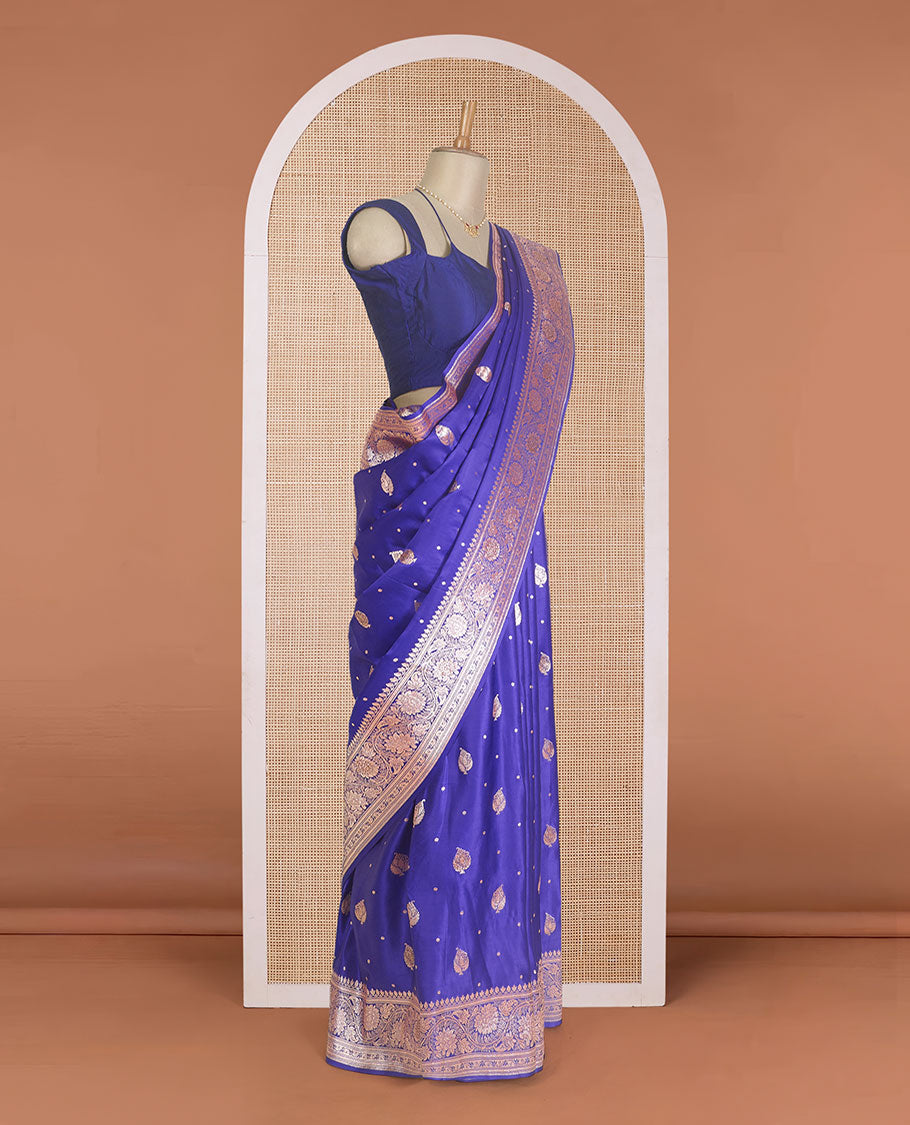 Royal blue zari buttas Banaras Satin silk saree, traditional zari border, and intricate pallu