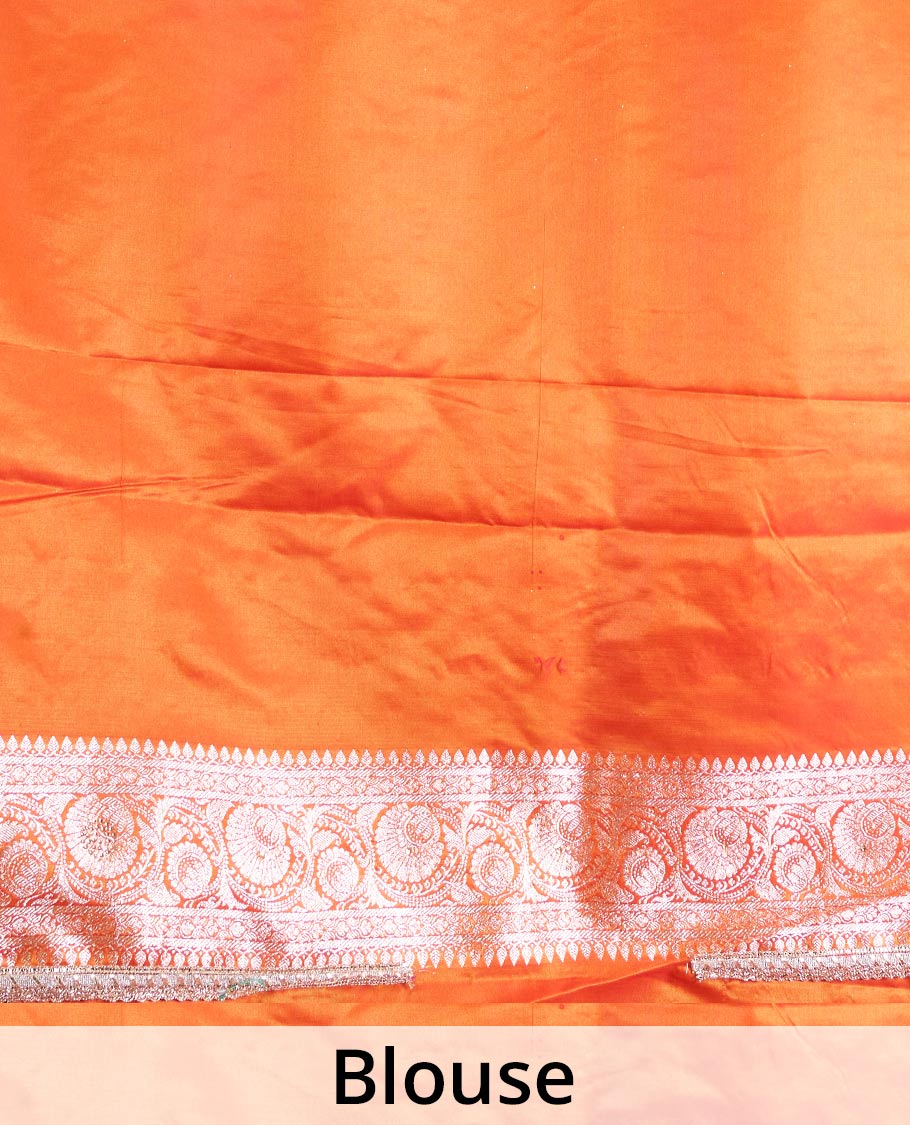 Orange diagonal floral stripes with stone work Banaras Satin silk saree, traditional zari design border, and jaal pallu