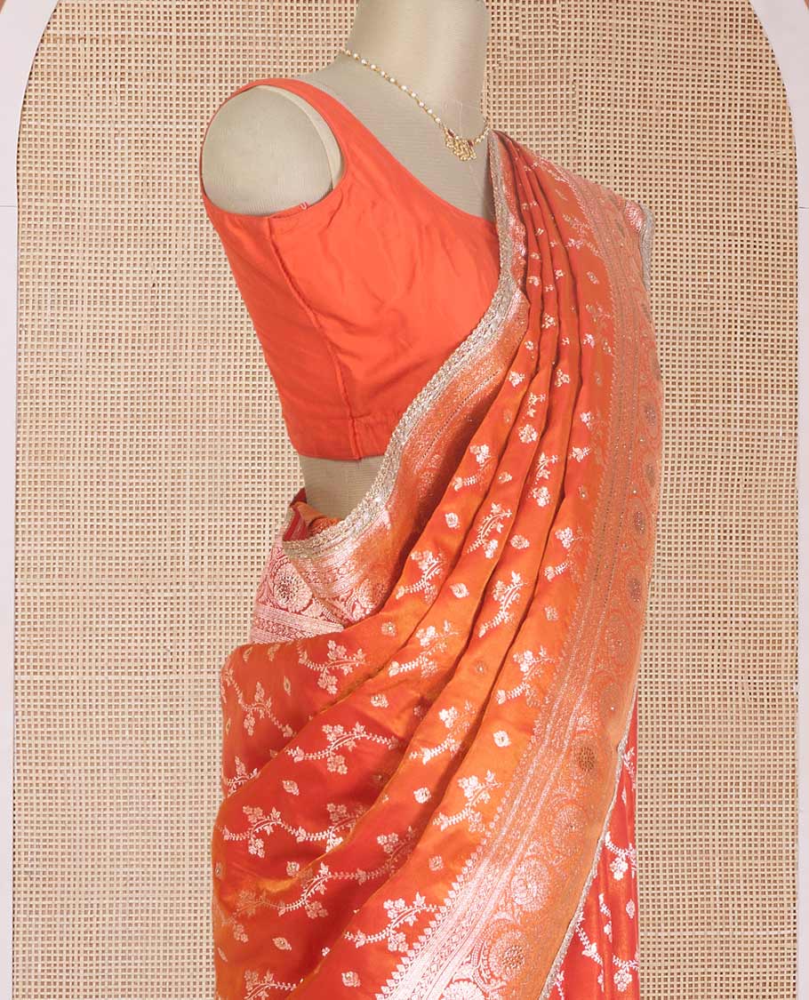 Orange diagonal floral stripes with stone work Banaras Satin silk saree, traditional zari design border, and jaal pallu