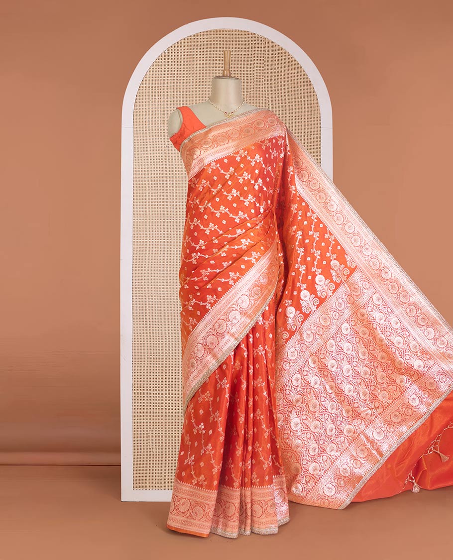 Orange diagonal floral stripes with stone work Banaras Satin silk saree, traditional zari design border, and jaal pallu