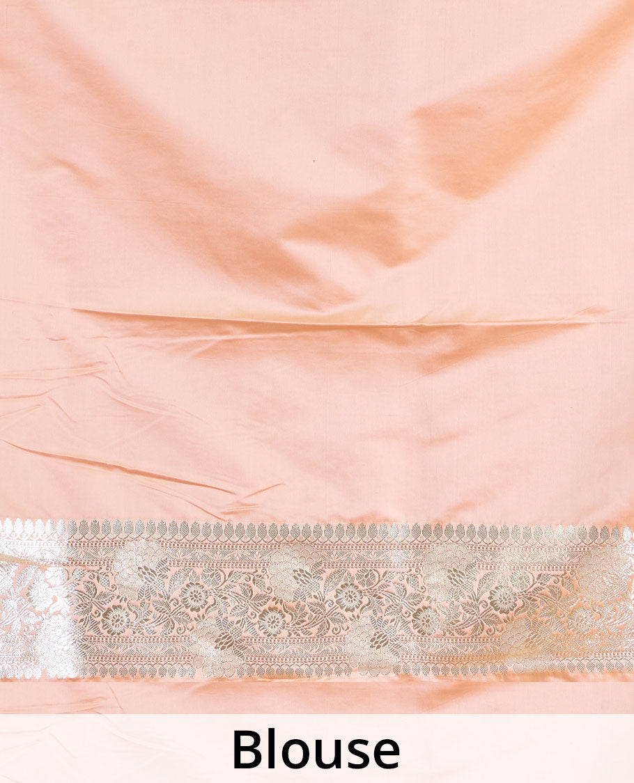 Peach floral jaal jacquard with stone work Banaras Satin silk saree, floral creeper zari border, and floral jaal pallu
