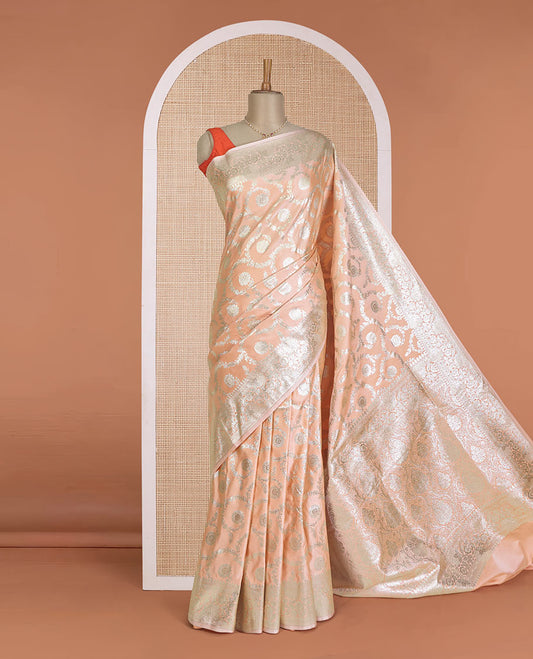 Peach floral jaal jacquard with stone work Banaras Satin silk saree, floral creeper zari border, and floral jaal pallu