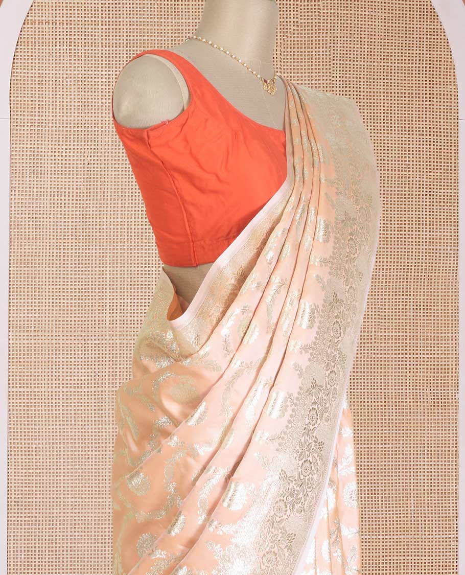 Peach floral jaal jacquard with stone work Banaras Satin silk saree, floral creeper zari border, and floral jaal pallu