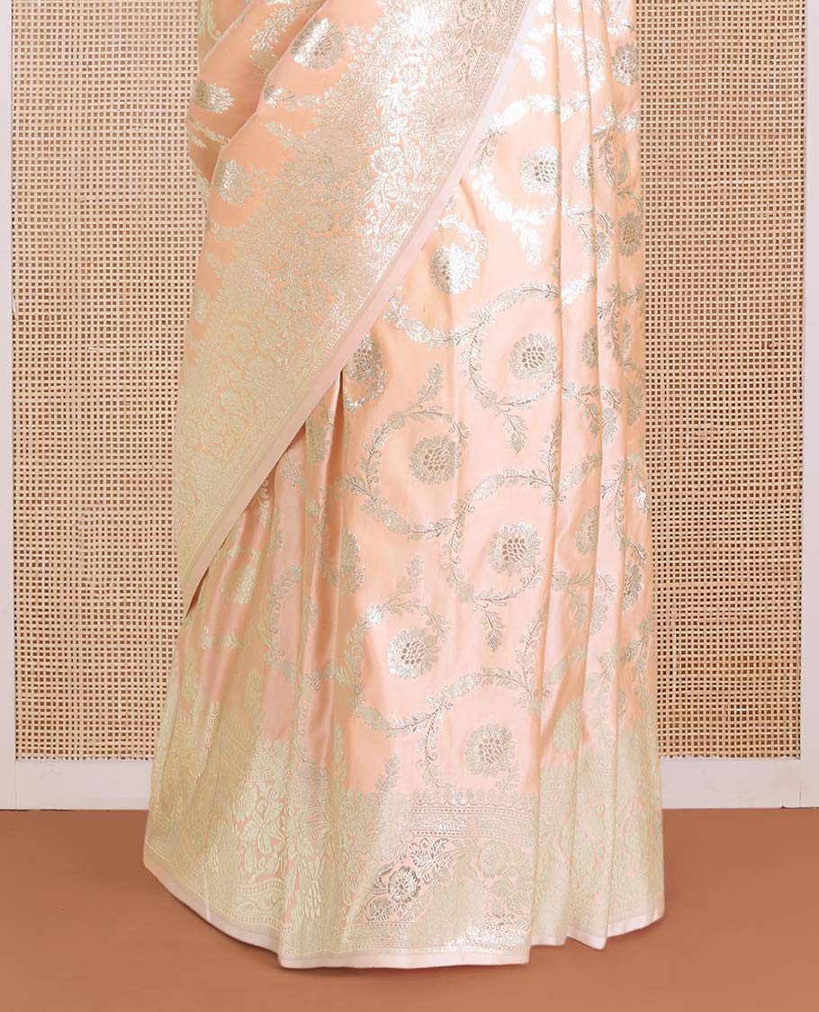 Peach floral jaal jacquard with stone work Banaras Satin silk saree, floral creeper zari border, and floral jaal pallu