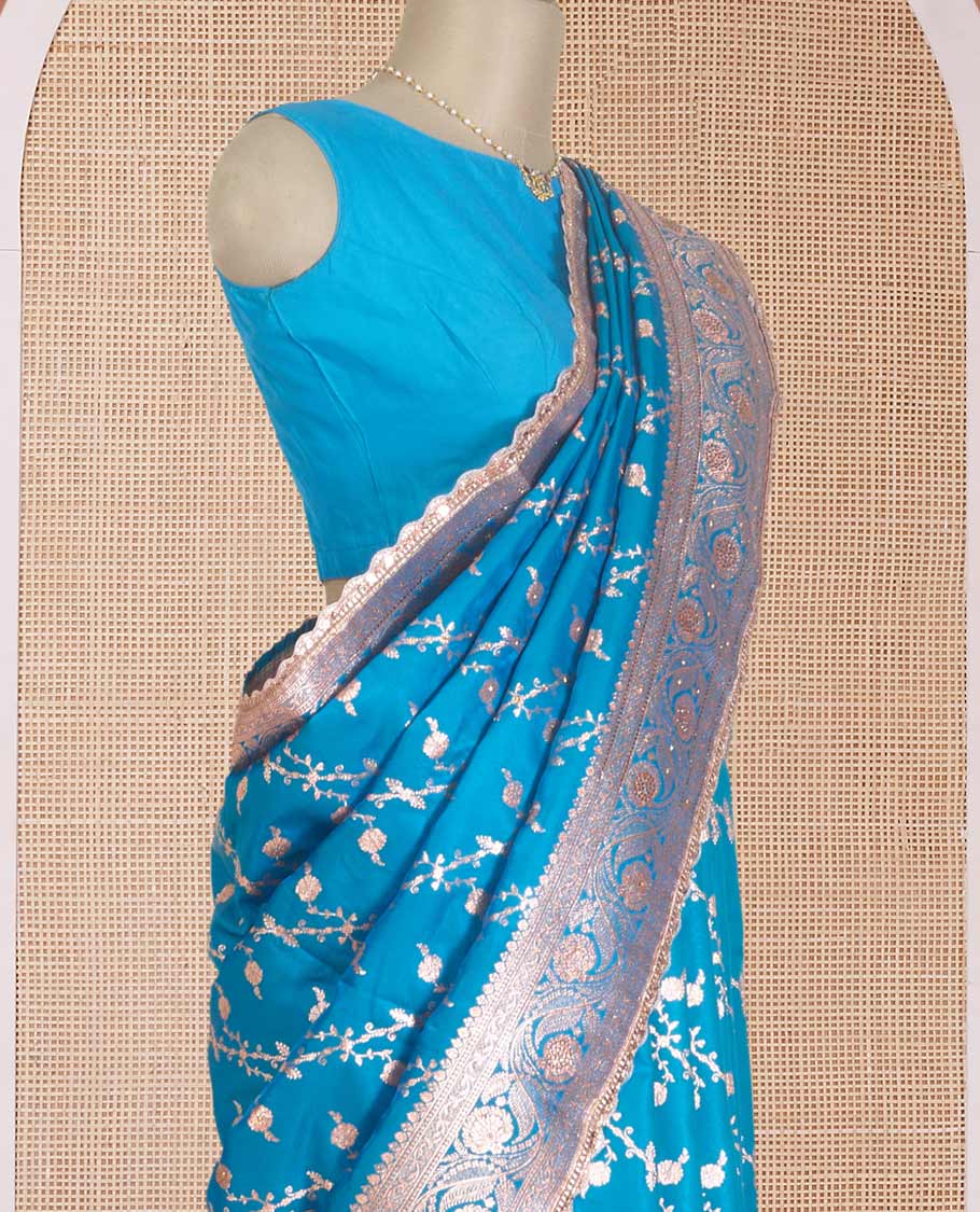 Azure blue diagonal floral stripes with stone work Banaras Nylon silk saree, traditional zari woven border of scallop lacework and stonework, and intricate pallu