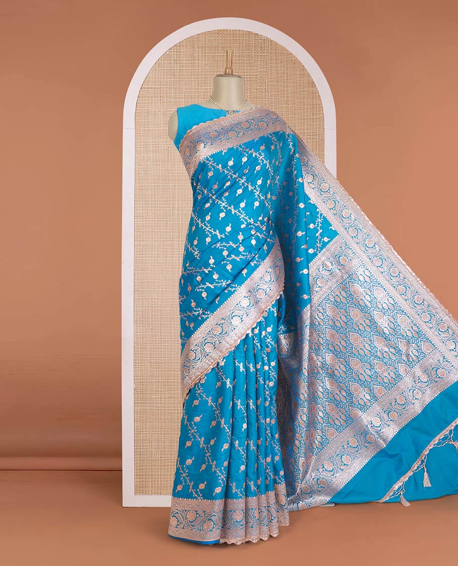 Azure blue diagonal floral stripes with stone work Banaras Nylon silk saree, traditional zari woven border of scallop lacework and stonework, and intricate pallu