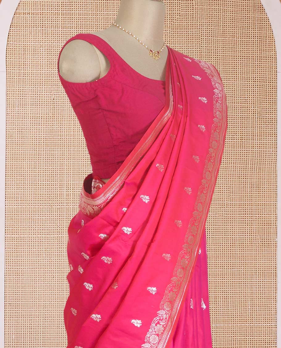 Pink zari buttas Banaras Satin silk saree, zari woven border, and pallu of floral, paisleys, and geometric designs