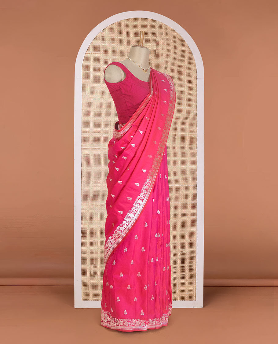 Pink zari buttas Banaras Satin silk saree, zari woven border, and pallu of floral, paisleys, and geometric designs
