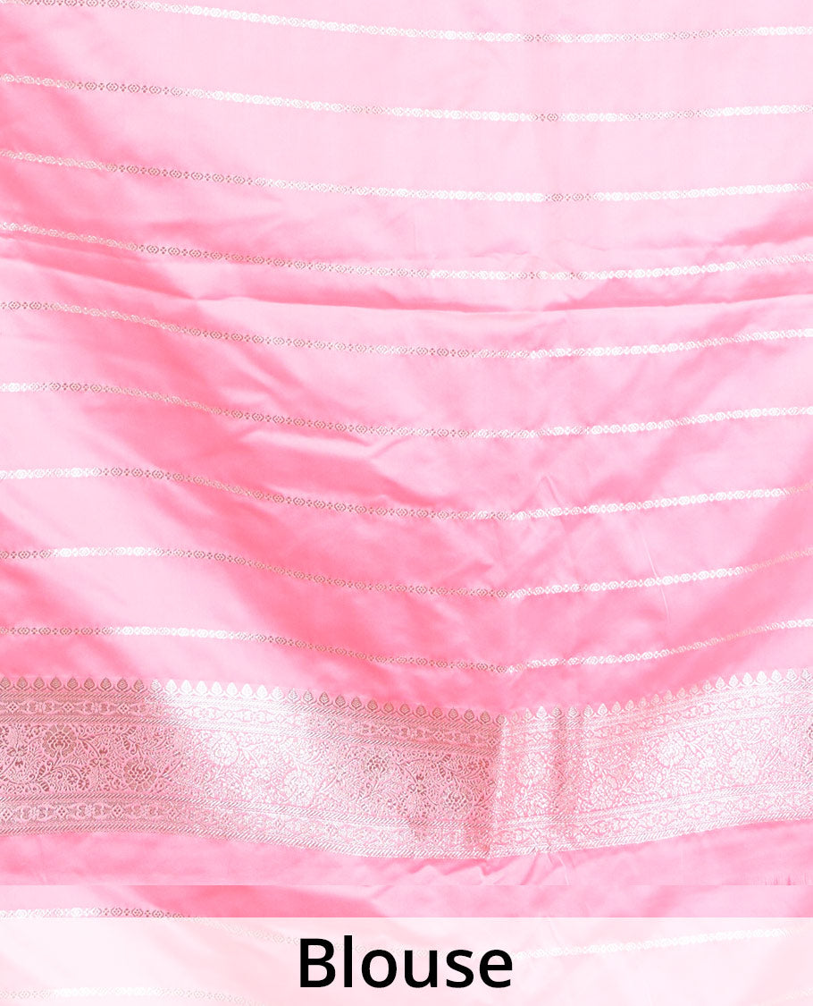 Flamigo Pink zari buttas Banaras Satin silk saree, traditional zari border, and pallu of big paisleys