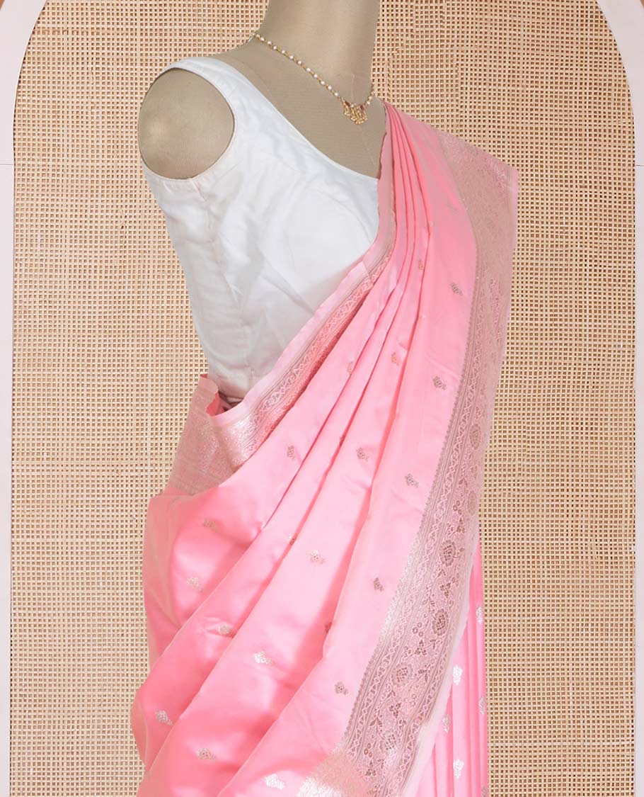 Flamigo Pink zari buttas Banaras Satin silk saree, traditional zari border, and pallu of big paisleys