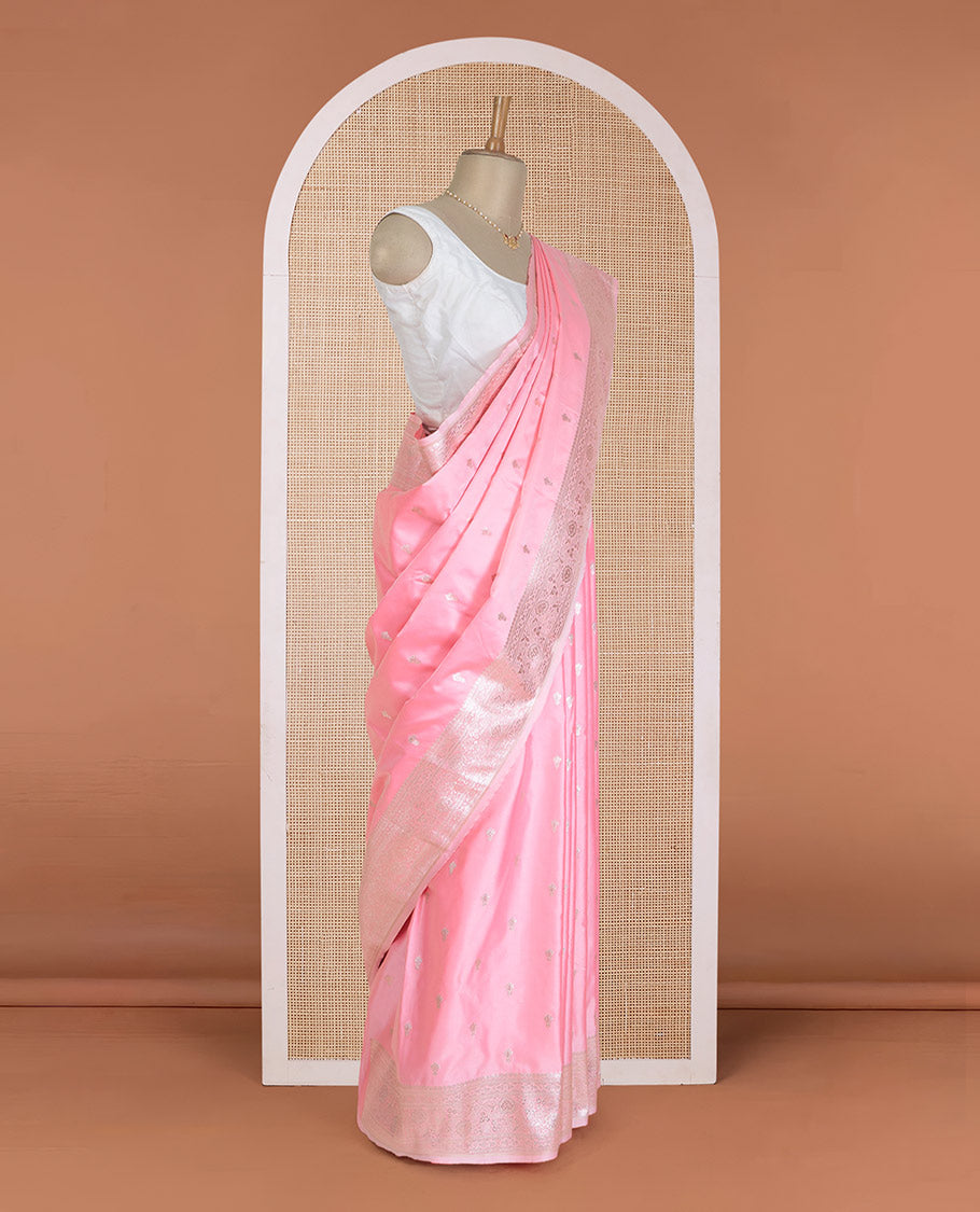 Flamigo Pink zari buttas Banaras Satin silk saree, traditional zari border, and pallu of big paisleys