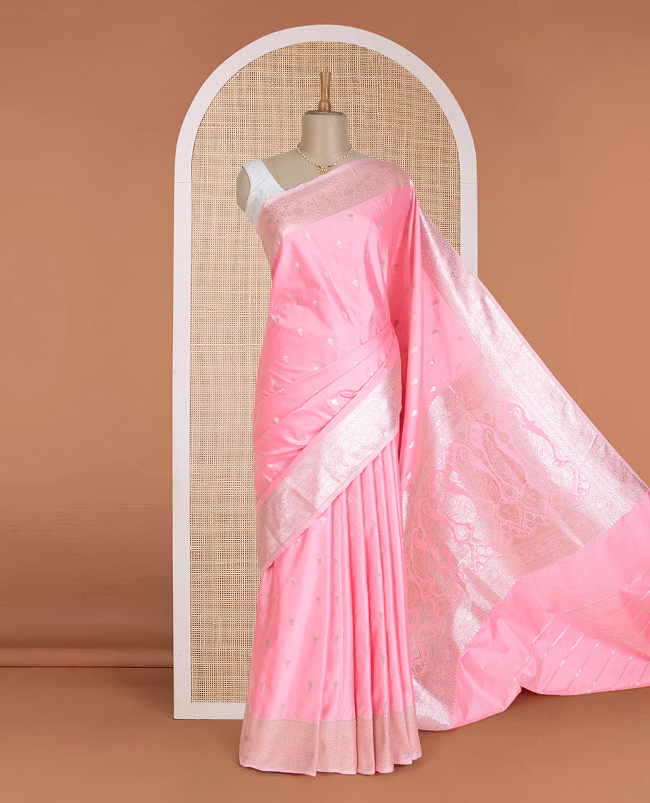 Flamigo Pink zari buttas Banaras Satin silk saree, traditional zari border, and pallu of big paisleys