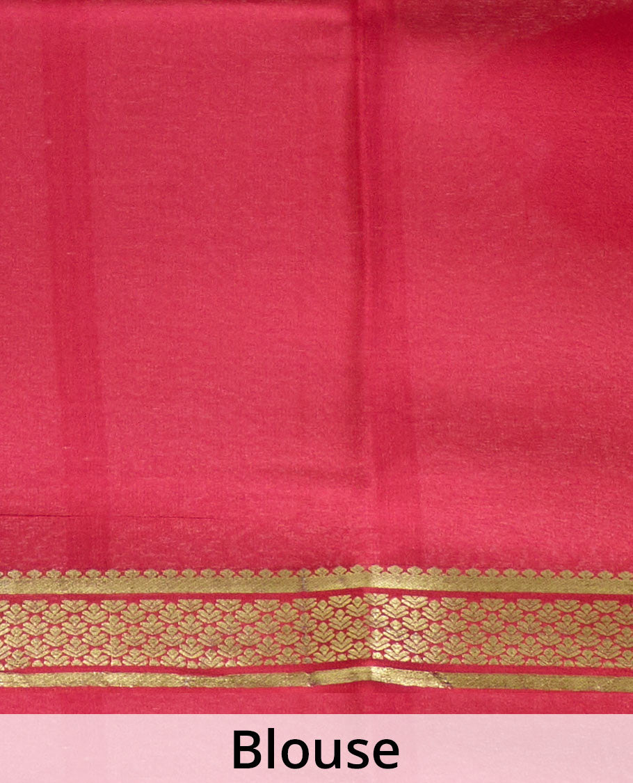 Maroon plain design Mysore silk saree, contrast traditional zari border, and zari striped pallu