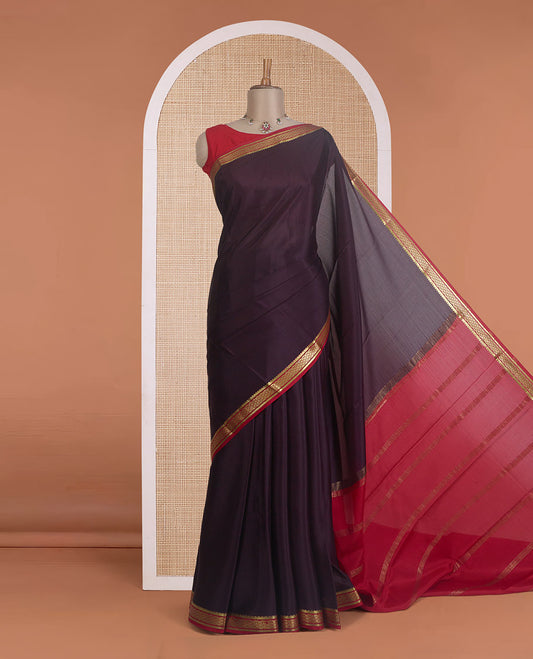 Maroon plain design Mysore silk saree, contrast traditional zari border, and zari striped pallu
