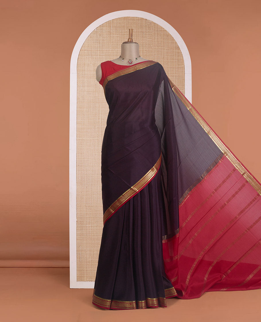 Maroon plain design Mysore silk saree, contrast traditional zari border, and zari striped pallu