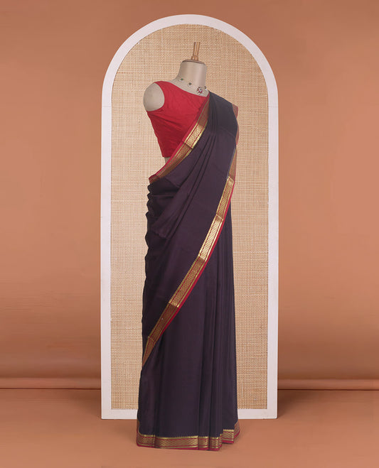 Maroon plain design Mysore silk saree, contrast traditional zari border, and zari striped pallu
