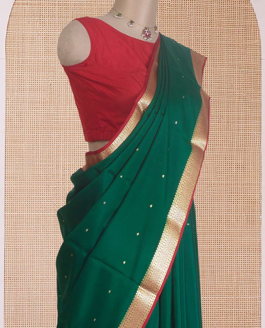 Green zari buttas Mysore silk saree, contrast traditional zari design border, and zari striped pallu