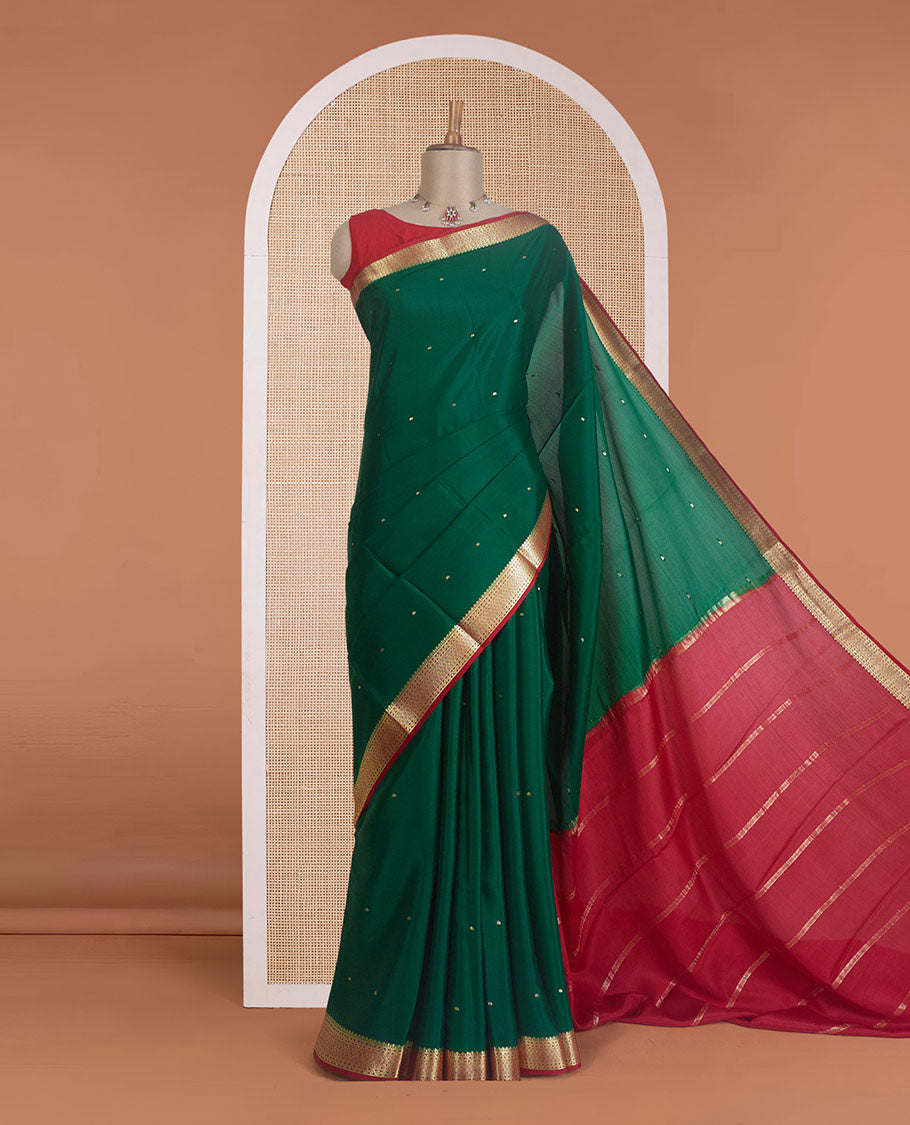 Green zari buttas Mysore silk saree, contrast traditional zari design border, and zari striped pallu