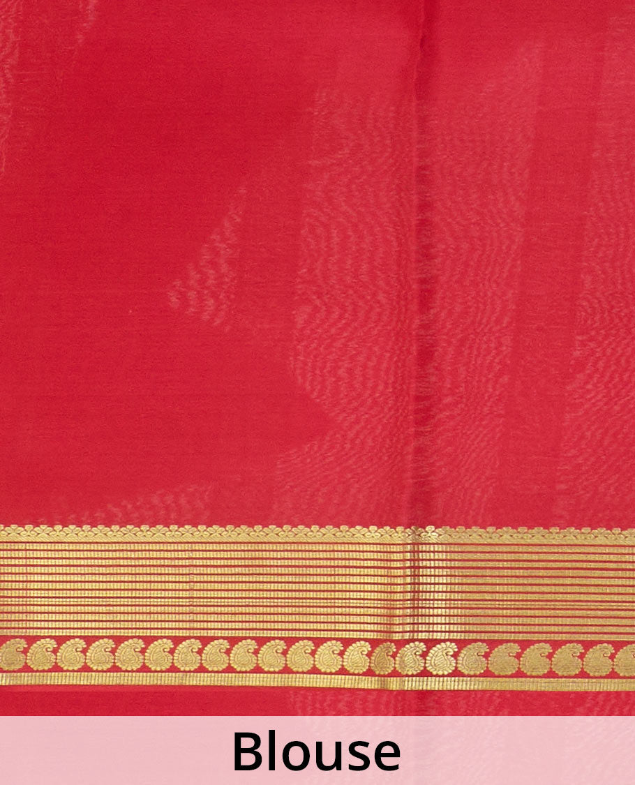 Peach plain Mysore silk saree, contrast traditional zari border of paisleys, and zari striped pallu