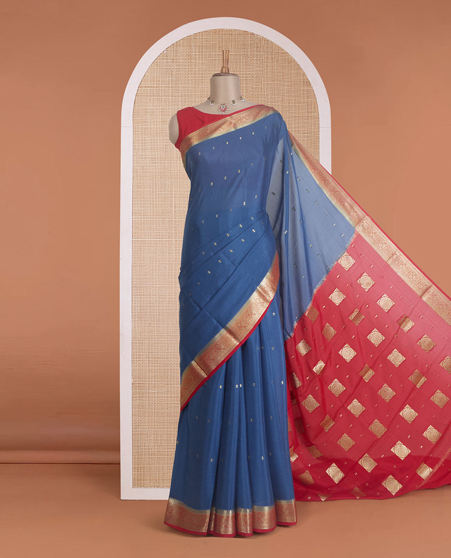 Grey zari buttas Mysore silk saree, contrast zari border of traditional zari designs, and zari design pallu