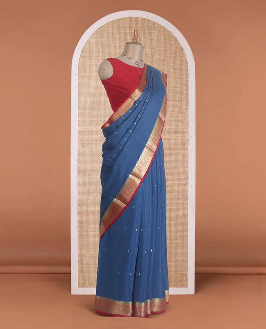 Grey zari buttas Mysore silk saree, contrast zari border of traditional zari designs, and zari design pallu