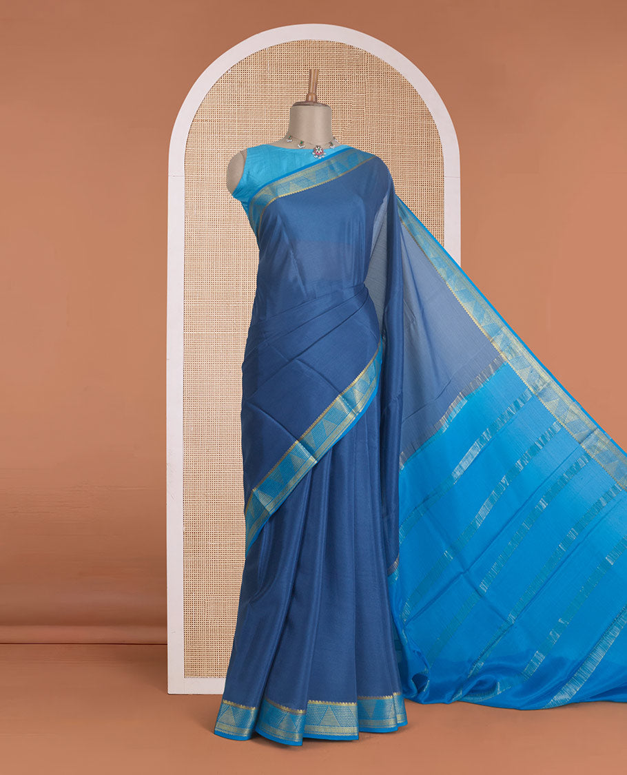 Blue zari buttas Mysore silk saree, contrast border of geometric zari designs, and zari design pallu