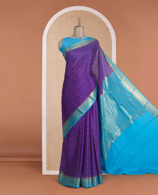 Purple zari buttas Mysore silk saree, contrast traditional zari design border, and zari woven pallu